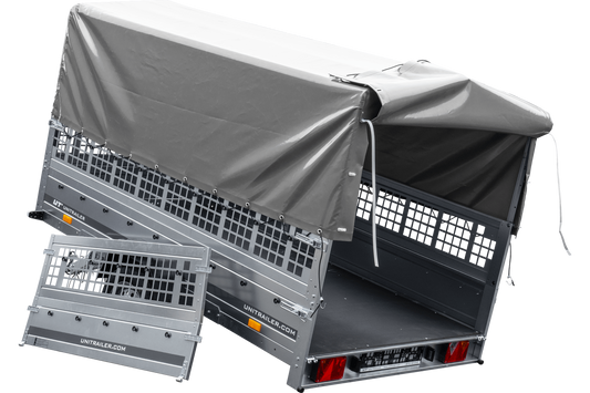 PKW-Anhänger 264x150 UNITRAILER GARDEN 265 KIPP mit Gitteraufsatz, Hochspriegel H-800 und grauer Plane